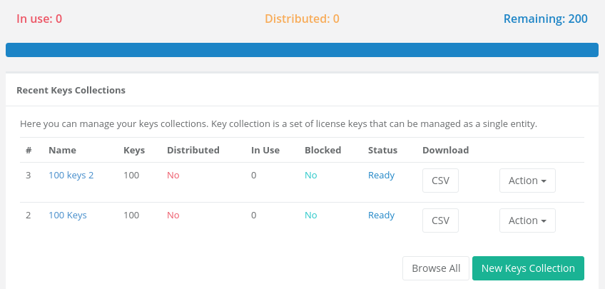 License keys collections table